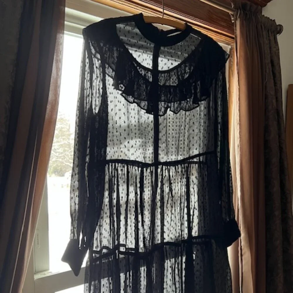 Zara Black Baby Doll Sheer Mini Dress Ruffle Front & Long Sleeves - Picture 6 of 8